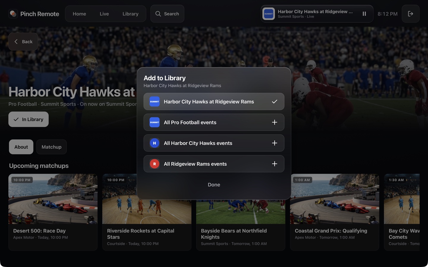 A game page with Add to Library choices: this game, the league, or either team.