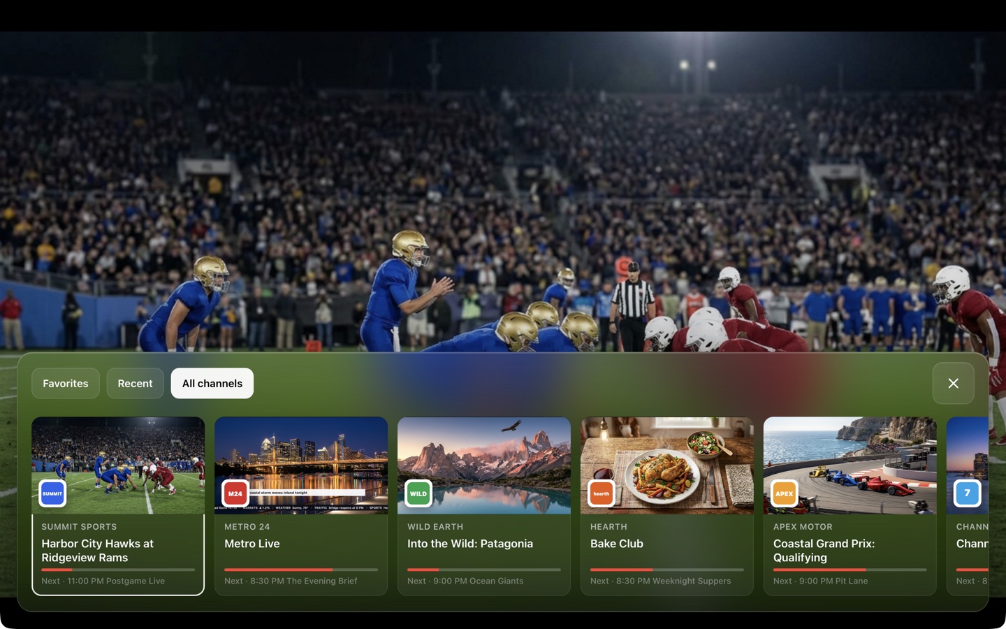 A row of live channel previews over a football game.