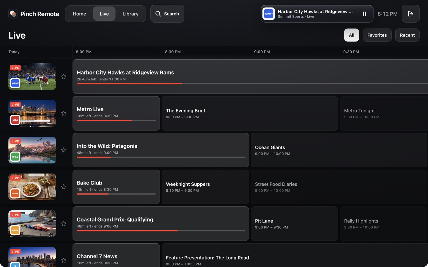 The Live guide: channels with live previews and a timeline of what's on now and next.